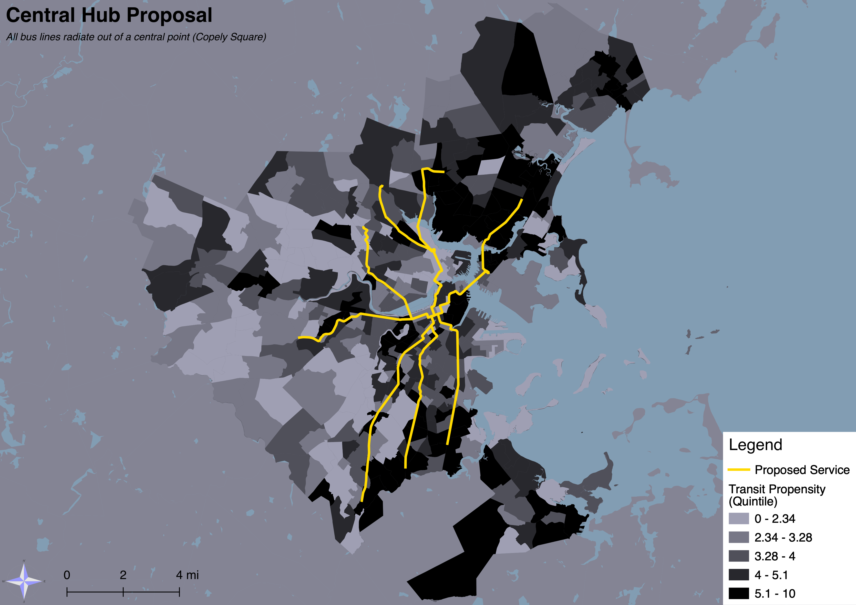 Map of proposal for night bus service in Boston